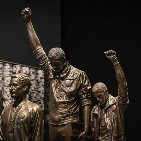 A statue depicting USA track and field athletes Tommie Smith, C, and John Carlos, R, as they raised gloved fists during their medal ceremony at the 1968 Summer Olympics is housed in the Sports Galleries at the #Smithsonian Institute's National Museum of African American History and Culture, #NMAAHC, on September 14, 2016, in Washington, DC. All three of these sprinters, including Australian #PeterNorman, left, wore #HumanRights badges on their jackets.