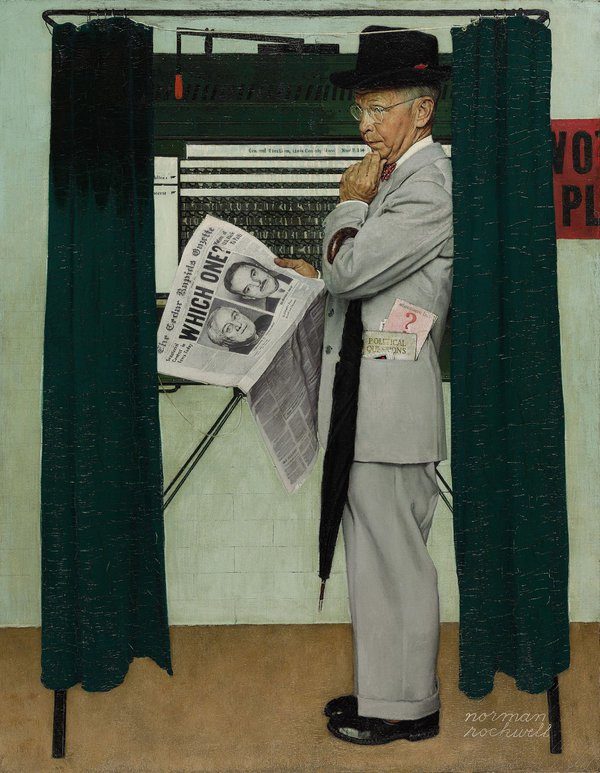 Norman Rockwell’s 1944 painting “Which One? (Undecided; Man in Voting Booth),” which was a cover for The Saturday Evening Post during the presidential race between Franklin D. Roosevelt and Thomas E. Dewey. SEPS LICENSED BY CURTIS LICENSING, INDIANAPOLIS, IN, VIA SOTHEBY’S. ALL RIGHTS RESERVED