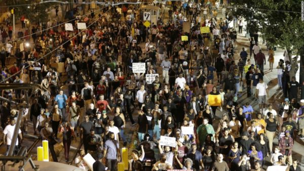 Protests over Charlotte police shooting. Demonstrators fill the streets in downtown Charlotte. Chuck Burton/AP.