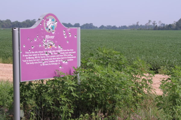 Bullet-riddled Emmett Till memorial marker. Pablo Correa/Emmett Till Memory Project