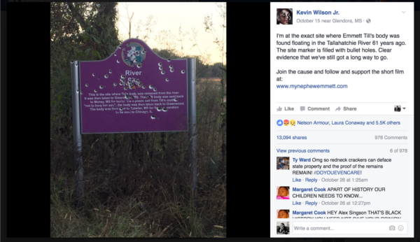 Viral Facebook photo of bullet-riddled Emmett Till memorial marker.