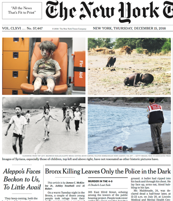 Section of December 2016 New York Times front page featuring iconic war photographs.