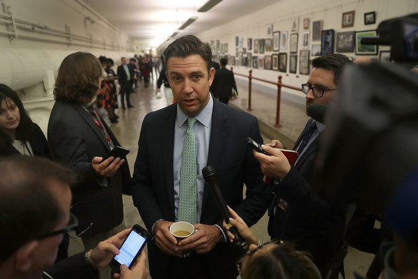 Rep. Duncan Hunter (R-CA) speaks to the media before a painting he found offensive and removed is rehung on the U.S. Capitol walls on January 10, 2017 in Washington, DC. The painting is part of a larger art show hanging in the Capitol and is by a recent high school graduate, David Pulphus, and depicts his interpretation of civil unrest in and around the 2014 events in Ferguson, Missouri. (Jan. 9, 2017 - Source: Joe Raedle/Getty Images North America)