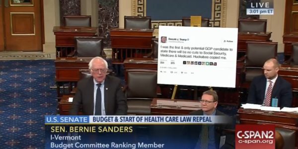 Senator Bernie Sanders brought a very interesting visual to the Senate floor on Wednesday: A giant printout of a Donald Trump tweet. image: CSPAN via Boston Globe.
