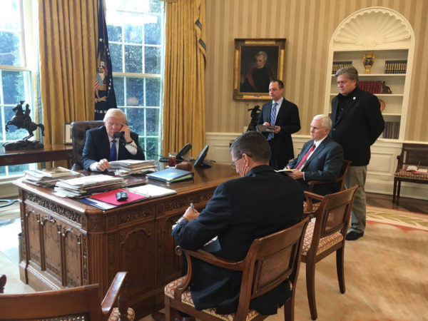 Photo from White House Press Secretary Sean Spicer shows Pres. Trump speaking to Russian President Vladimir Putin