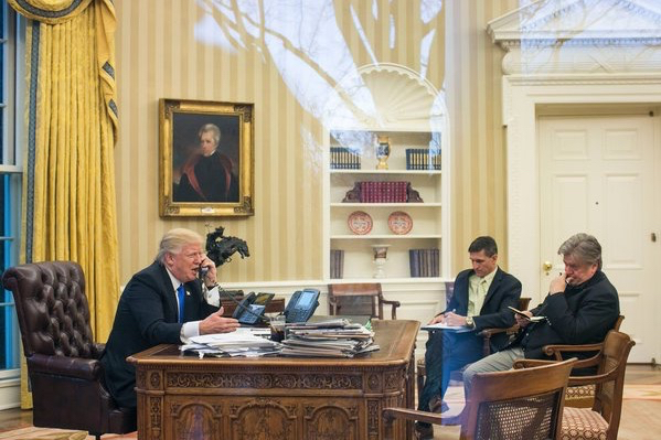 4. President Trump speaks on the phone with Australian Prime Minister Malcolm Turnbull in the Oval Office on Jan. 28, 2017. (Pete Marovich/Pool photo via European Pressphoto Agency) via Washington Post. 