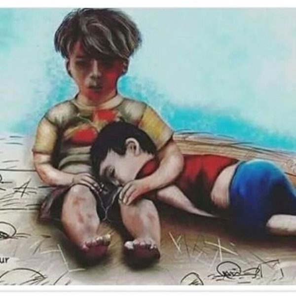 A drawing of Alan Kurdi and Omran Daqneesh that has circulated widely on social media. The creator is unknown.