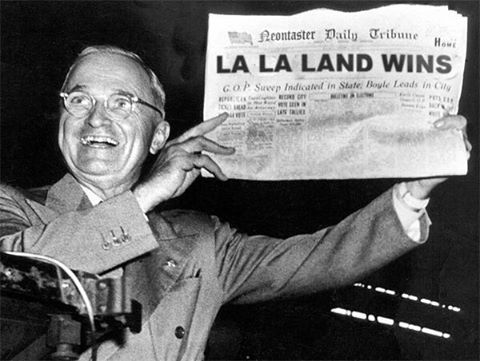 After, LaLa Land was mistakenly announced as Best Picture winner meme created the night of the 2017 Academy Awards, this meme was flying around social media. It is playing off the famous Dewey Beats Truman headline.