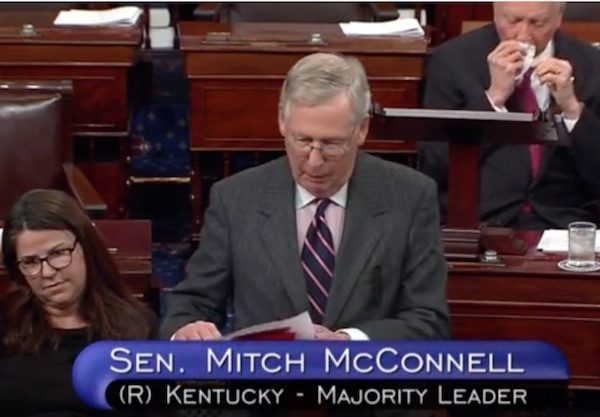 C-Span screenshot of Sen. Mitch McConnell silencing Sen. Warren in a speech against the nomination of Jeff Sessions as Attorney General.