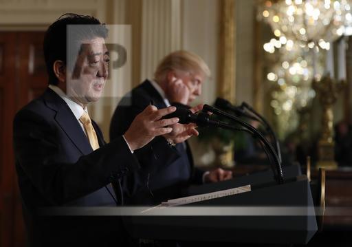 Japanese Prime Minister Shinzo Abe speaks during a joint new conference with President Donald Trump in the East Room of the White House, in Washington, Friday, Feb. 10, 2017. (AP Photo/Carolyn Kaster)
