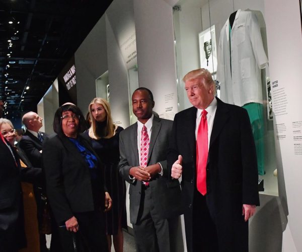 photo: Kevin Dietsch/Getty via CNNPolitics/Instagram. caption: President Donald Trump visits the National African American Museum of History and Culture on Tuesday in light of #BlackHistoryMonth. Here, Trump poses with his daughter Ivanka Trump, Housing and Urban Development nominee Ben Carson and his wife, Candy Carson, in front of the museum's Ben Carson exhibit.