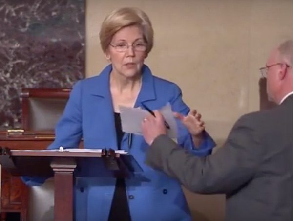 C-Span screenshot of Sen. Warren being silenced while delivering in a Senate speech against the nomination of Jeff Sessions as Attorney General.