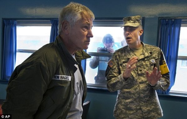 Defense Secretary Chuck Hagel's visit is timed to the 60th anniversary of the signing of the mutual defense treaty between the U.S. and South Korea, September 2013. Photo: AP.