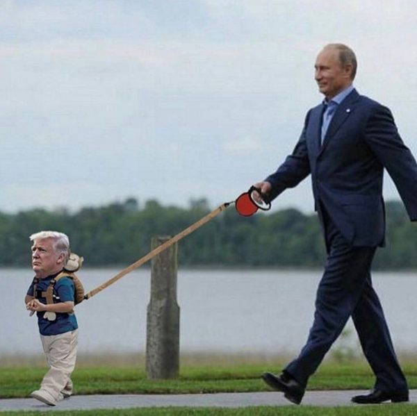 Vladimir Putin walks Tiny Trump