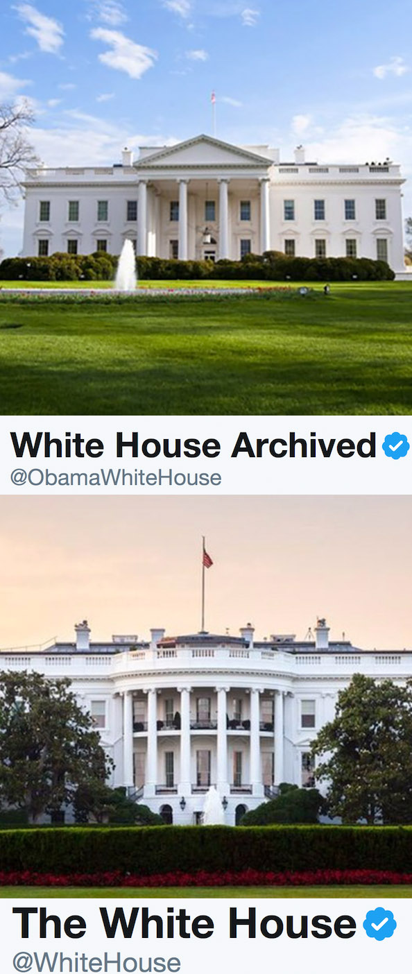 Screenshot of White House Twitter profile images from the Obama administration and the Trump administration.