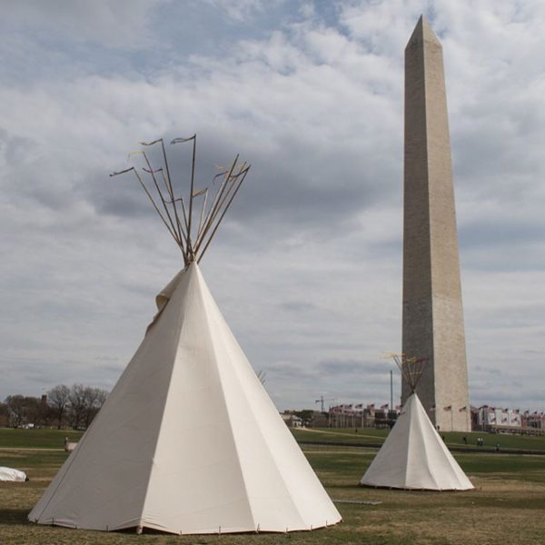Teepees are seen near the Washington Monument on Wednesday March 08, 2017 in Washington, DC. People were gathering leading up to a march against the Dakota Access Pipeline