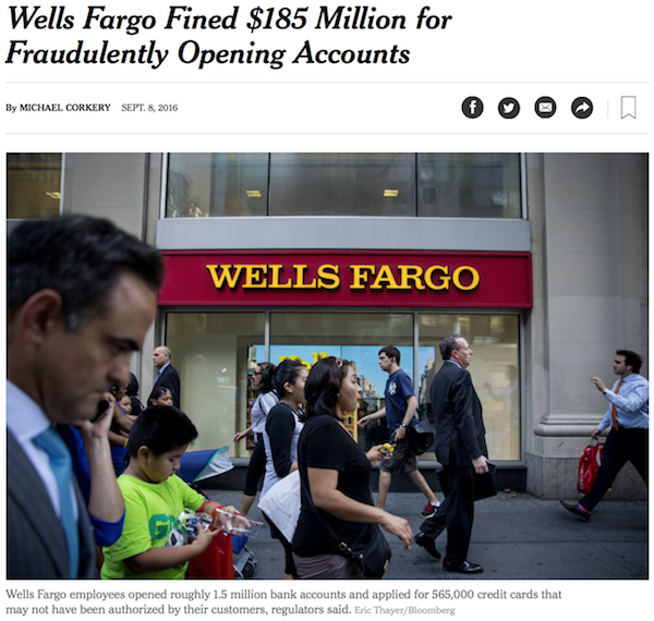 Screenshot of New York Times story headline and photo. The story is about Wells Fargo bilking customers with fraudulent accounts.