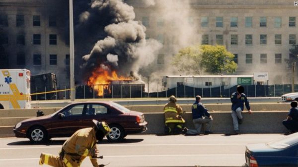 Flames and smoke billow from a hole in the exterior wall after the hijacked American Airlines Flight 77 crashed into the Pentagon, on Sept. 11, 2001. On March 31, 2017, the FBI released previously unpublished images showing the devastation and aftermath of the terrorist attack on the Pentagon. FBI, via European Pressphoto Agency