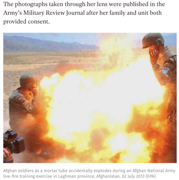 The Independent misattribution of Hilda Clayton photo. Photo 2: Tamim Caption: A mortar tube accidentally explodes 2 July 2013 during an Afghan National Army (ANA) live-fire training exercise in Laghman Province, Afghanistan. The accident killed U.S. Army Spc. Hilda I. Clayton and four ANA soldiers. Above: The photo taken by one of the Afghan soldiers at the moment of the explosion. Background: The photo was simultaneously taken by Spc. Clayton.