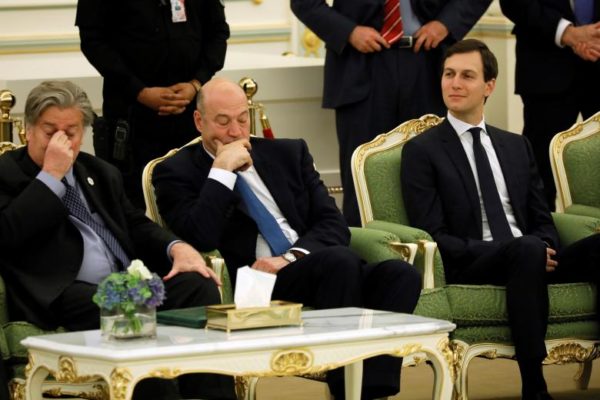 White House senior advisor Jared Kushner (R), flanked by fellow senior advisor Steve Bannon (L) and chief economic advisor Gary Cohn, attends a signing ceremony between Saudi Arabia's King Salman bin Abdulaziz Al Saud and U.S. President Donald Trump at the Royal Court in Riyadh. REUTERS/Jonathan Ernst