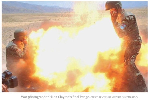 Telegraph misattribution of Hilda Clayton photo. Photo 2: Tamim Caption: A mortar tube accidentally explodes 2 July 2013 during an Afghan National Army (ANA) live-fire training exercise in Laghman Province, Afghanistan. The accident killed U.S. Army Spc. Hilda I. Clayton and four ANA soldiers. Above: The photo taken by one of the Afghan soldiers at the moment of the explosion. Background: The photo was simultaneously taken by Spc. Clayton.