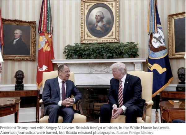 President Trump met with Sergey V. Lavrov, Russia’s foreign minister, in the White House last week. American journalists were barred, but Russia released photographs. Credit Russian Foreign Ministry