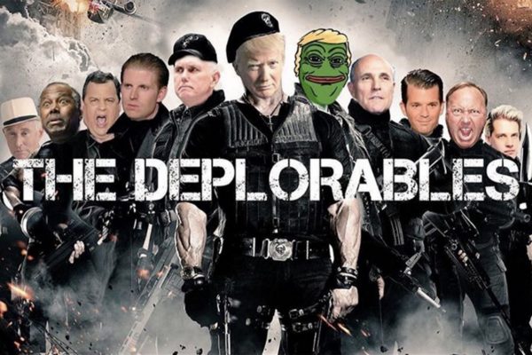 After Hillary Clinton placed Trump’s supporters in a “basket of deplorables,” Donald Trump Jr. tweeted out a modified image of the poster for the action movie The Expendables with prominent Trump supporters’ faces photoshopped onto those of the action stars, and a cartoon head of Pepe in Trump’s wig.