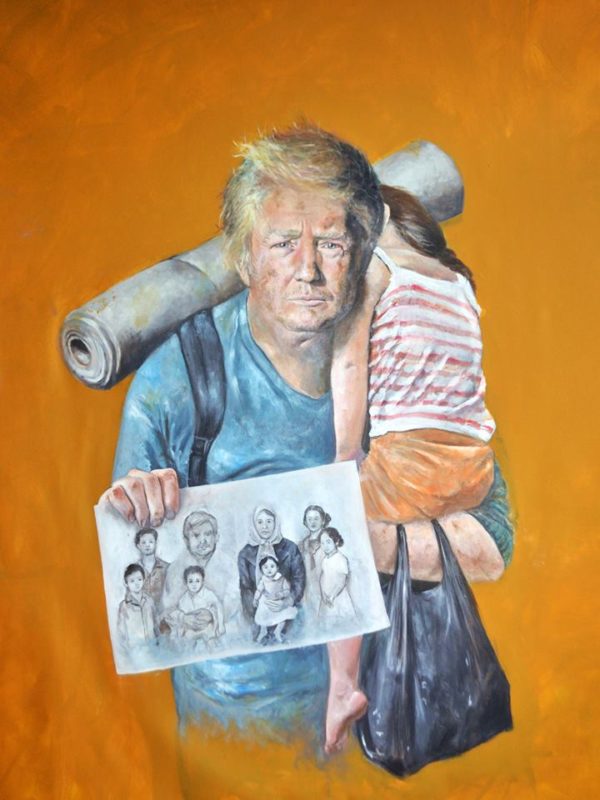Paintings by Abdalla Al Omari, from 'The Vulnerability Series', where he reimagines the world leaders like Donald Trump, Vladimir Putin, Kim Jong-un and more, as refugees themselves, putting them in harsh situations actual refugees face daily.