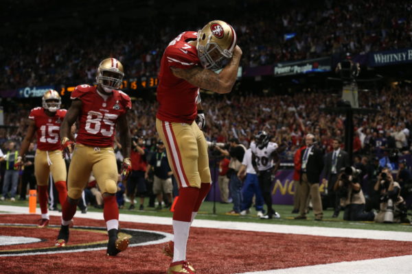 Doug Mills / The New York Times. Caption: Kaepernick, as the San Francisco 49ers’ quarterback, scored a fourth-quarter touchdown in a 34-31 loss to the Baltimore Ravens in the Super Bowl in New Orleans in February 2013.