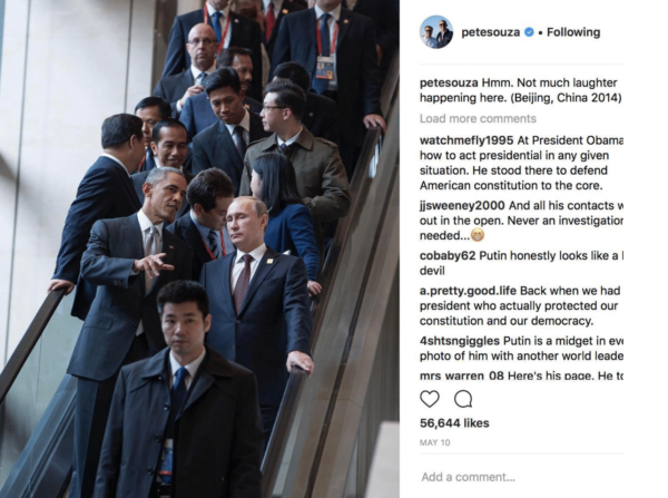 Instagram post by Pete Souza with President Barack Obama and Vladimir Putin in China in 2014