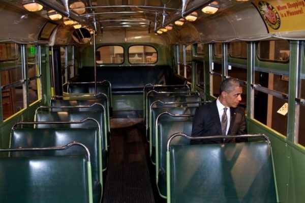 President Barack Obama sits on the famed Rosa Parks bus at the Henry Ford Museum following an event in Dearborn, Mich., April 18, 2012. (Official White House Photo by Pete Souza)