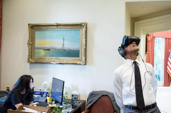 President Obama watches a virtual reality film captured during his trip to Yosemite National Park earlier this year. (Official White House Photo by Pete Souza)