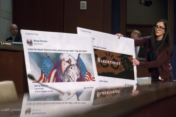 Examples of Facebook pages created by the Russian troll factory are displayed during a House intelligence committee hearing on Wednesday. (Shawn Thew/Epa-Efe/Rex/Shutterstock/Thew/Epa-Efe/Rex/Shutterstock)