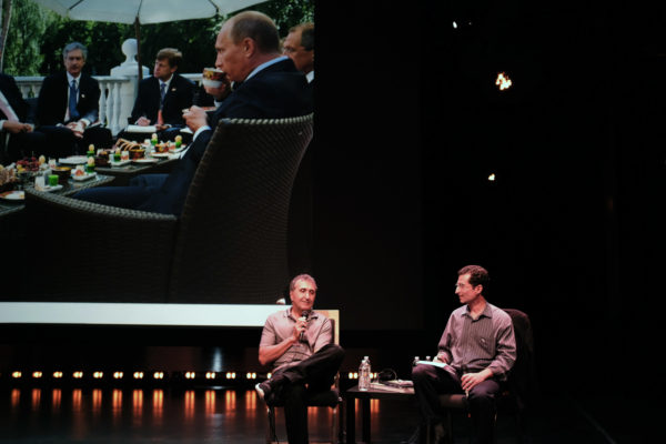 Reading the Pictures publisher, Michael Shaw speaks with former White House photographer, Pete Souza, at Photoville, September CHECK DATE, 2017, in Brooklyn New York. Photo: Meg Handler