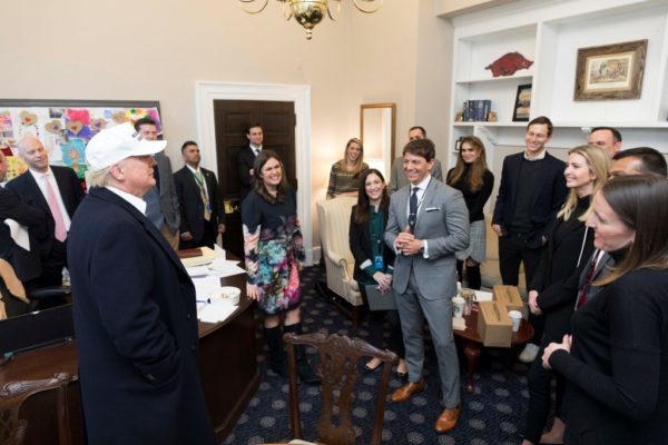 President Donald J. Trump meets with White House senior staff members Sarah Huckabee Sanders, Marc Short, Hope Hicks, Jessica Ditto, Hogan Gidley, Dan Scavino, Raj Shah, Jared Kushner, Ivanka Trump, Rob Porter, Mick Mulvaney and Lindsay Walters, in the West Wing communication offices, on the one year anniversary of President Trump’s inauguration, Saturday, January 20, 2018, at the White House in Washington, D.C. Photo: White House