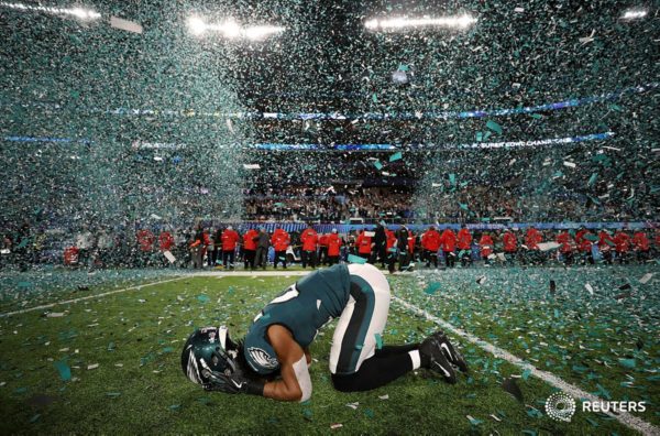 Philadelphia Eagles’ Patrick Robinson celebrates winning the Super Bowl. February 4, 2018. Photo: Chris Wattie/Reuters