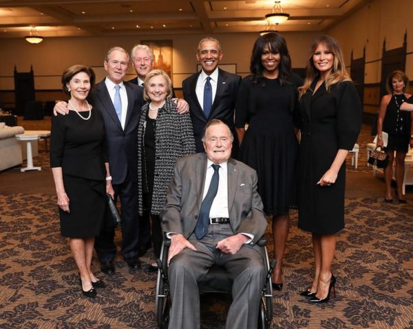 Photo: Paul Morse/AP This photo provided by the Office of former U.S. President George H.W. Bush, shows Bush, front center, and past presidents and first ladies Laura Bush, from left, George W. Bush, Bill Clinton, Hillary Clinton, Barack Obama, Michelle Obama and current first lady Melania Trump in a group photo at the funeral service for former first lady Barbara Bush, in Houston on April 21, 2018.