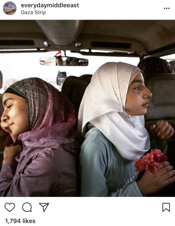 Photo: Tanya Habjouqa/Everyday Middle East Caption: Teen girls and flowers on a Gaza road trip, October 13, 2017