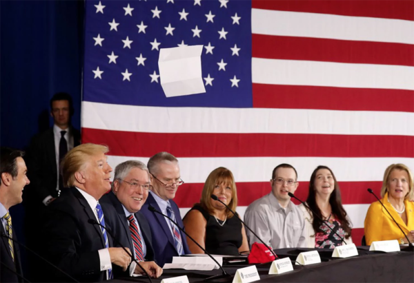 PHOTO: Kevin Lamarque/REUTERS CAPTION: U.S. President Donald Trump throws his prepared remarks into the air while speaking about tax reform during a visit to White Sulphur Springs in West Virginia.