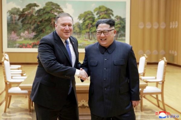 Kim Jong Un and Secretary of State Mike Pompeo shake hands at the Workers' Party of Korea headquarters in Pyongyang on May 9, 2018, North Korea's Official Korean Central News Agency