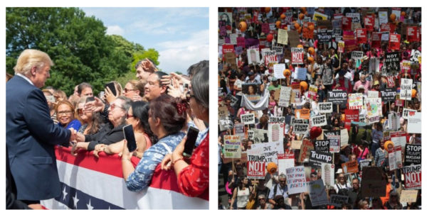 Left: President Donald J. Trump and First Lady Melania Trump participate in a United States Embassy in London meet and greet on Thursday, July 12, 2018, at Winfield House in London, England. (Official White House Photo by Shealah Craighead) Right: Demonstrators hold placards in Trafalgar Square, London, as they take part in protests against the visit of US President Donald Trump to the UK. Photo: Getty