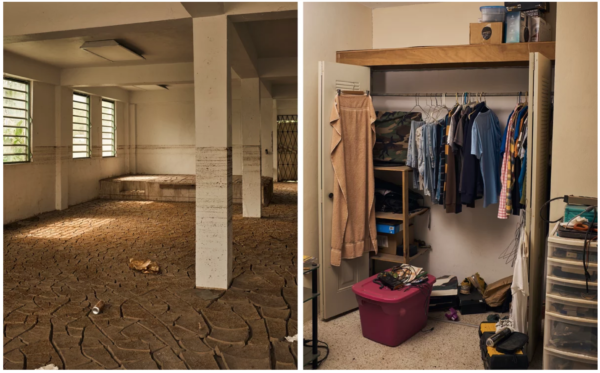 Christopher Gregory / TIME. The water line in an abandoned building in the town center of Utuado; the closet of Javier García, as it looked when he left after the storm to join the Air Force.