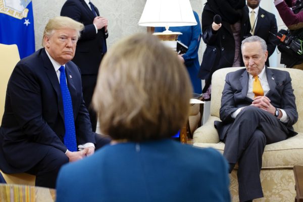 Photo: Michael Reynolds / Bloomberg / Getty President Donald Trump and the Democratic leaders Nancy Pelosi and Chuck Schumer sat down for a lively photo op and conversation in the Oval Office on Tuesday.