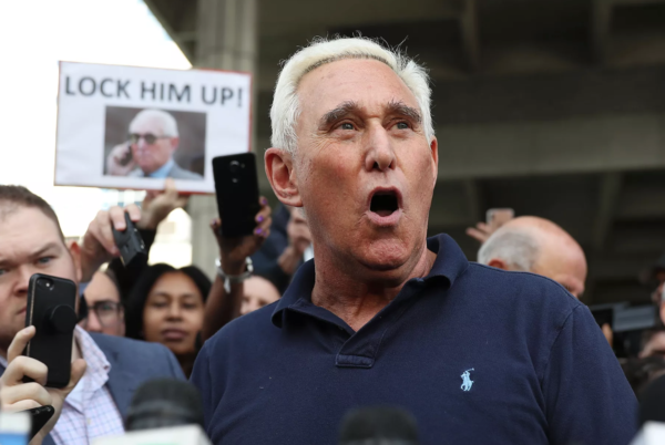 Roger Stone, a former adviser to President Donald Trump, speaks to the media after leaving the federal courthouse on January 25, 2019, in Fort Lauderdale, Florida. Joe Raedle/Getty Images