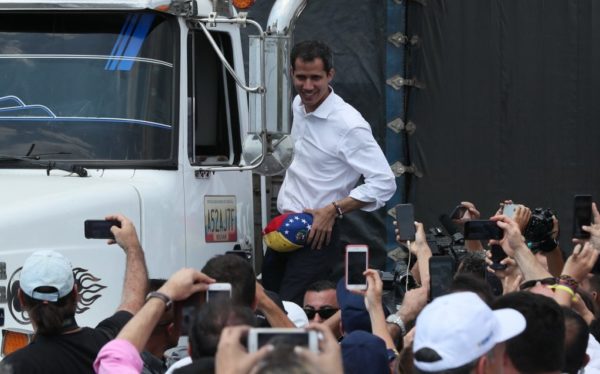 Venezuelan Parliament President Juan Guaido greets people from a truck in Cucuta, Colombia, 23 February 2019. Guaido called today to the Venezuelan Armed Forces to put on the 'right side of history' and allow the entry of the 14 trucks that departed from Cucuta with 280 tons of humanitarian aid. EPA-EFE/MAURICIO DUENAS CASTANEDA