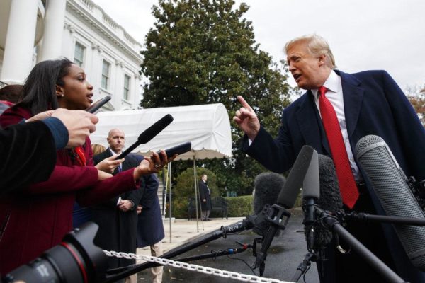 CNN journalist Abby Phillip asks President Donald Trump a question as he speaks with reporters on the South Lawn of the White House, Friday, Nov. 9. AP photo/Evan Vucci