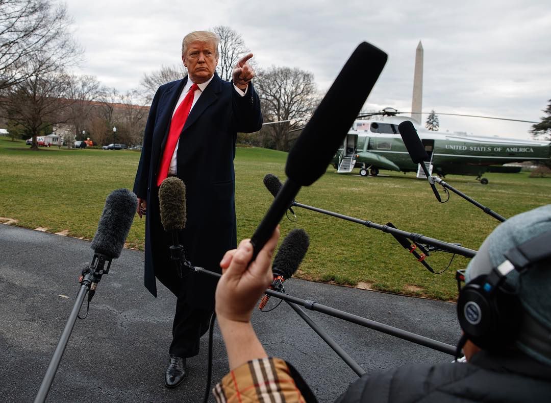 Evan Vucci/AP via Instagram Caption: President Donald Trump talks with reporters on the South Lawn of The White House in Washington, D.C. March 22, 2019.
