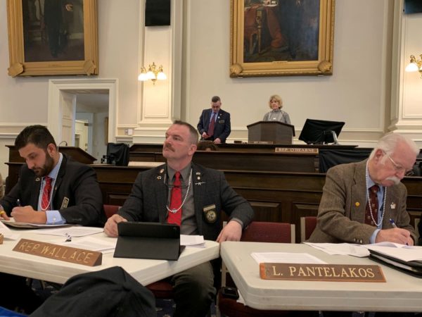 New Hampshire state legislators wear pearl necklaces as their committee debates a gun control measure on Tuesday. (Courtesy of Shannon Watts.)