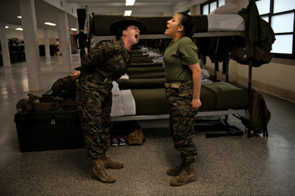 Photo: Lynsey Addario for The New York Times. Staff Sgt. Hollie Mulville, 26, disciplines a recruit for slouching.