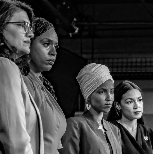 Photo: Alex Wroblewski/Getty Caption: U.S. Rep. Rashida Tlaib (D-MI), Rep. Ayanna Pressley (D-MA), Rep. Ilhan Omar (D-MN), and Rep. Alexandria Ocasio-Cortez (D-NY) pause between answering questions during a press conference at the U.S. Capitol on July 15, 2019 in Washington, DC. President Donald Trump stepped up his attacks on four progressive Democratic congresswomen, saying if they're not happy in the United States "they can leave."